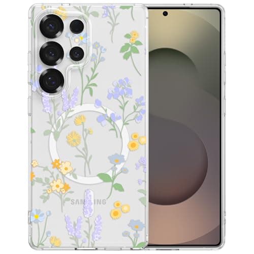 RALEAVO for Samsung Galaxy S25 Ultra Case Compatible with MagSafe Strong Magnetic Clear Floral Cover for Women Girls Slim Cute Hard Back Shockproof Phone Case for S25 Ultra ((Clear/Lavender)