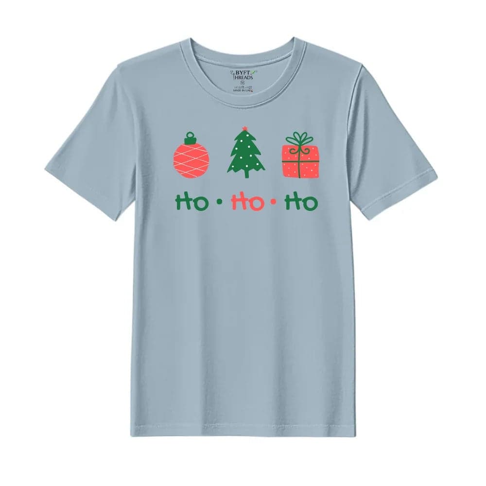 BYFT Threads XXL Baby Blue Polycotton T-Shirt - Christmas "HO HO HO" Printed Design, Premium Holiday Collection