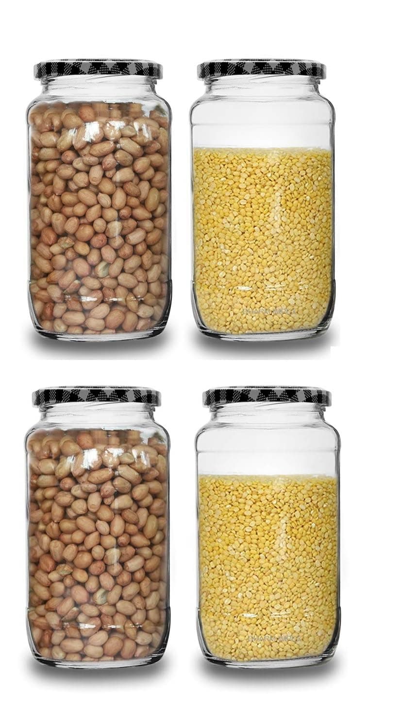 Croco Glass Jar With Air Tight Black Stripe Lid For Kitchen Dried Masala Storage Jar Honey Jar and Container Visible Glass Jar For Kitchen Storage Set1000 Gram Pack of 4