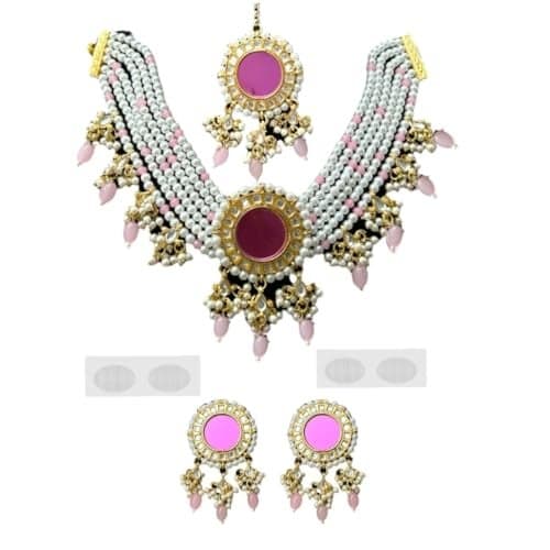 ACCESSHER Gold Plated Kundan & Pearls Pink Choker Set with Earrings and Maangtikka with a Pair of Transparent Earring & Maangtikka Supporter Patch | For Women & Girls