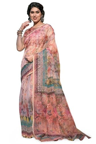 MIRCHI FASHION Women Organza Light Weight Floral Printed Saree with Blouse Piece (41798 - Light Peach, Multicolor)