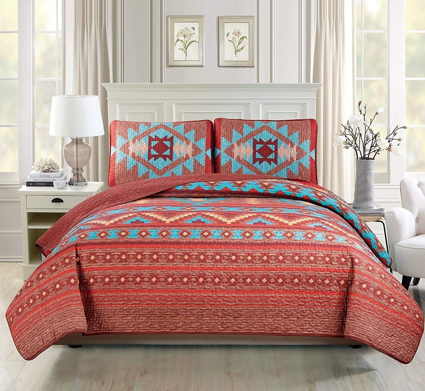Western Southwestern Native American Quilt Set with Tribal Navajo Designs In Turquoise Red Orange Brown Bedspread Quilt Set (Queen 3 Pieces)