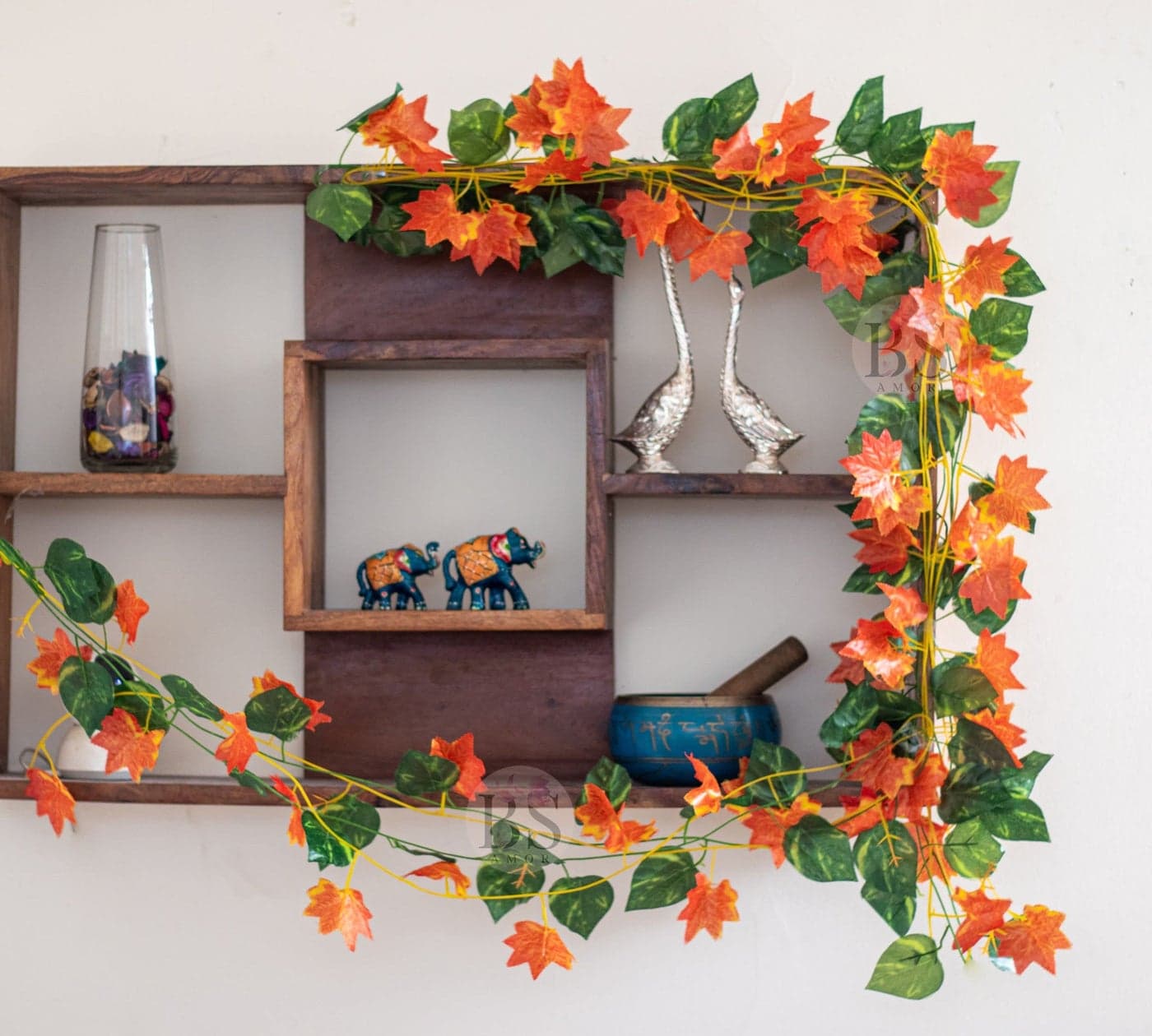 BS AMOR Home Decor Artificial Garland Money Plant and Maple Leaf Creeper/Bail Junglee Theme Combo| Wall Hanging | Speacial Ocassion Decoration Miulticolour Pack of (3 Green + 3 Orange) Strings (6)