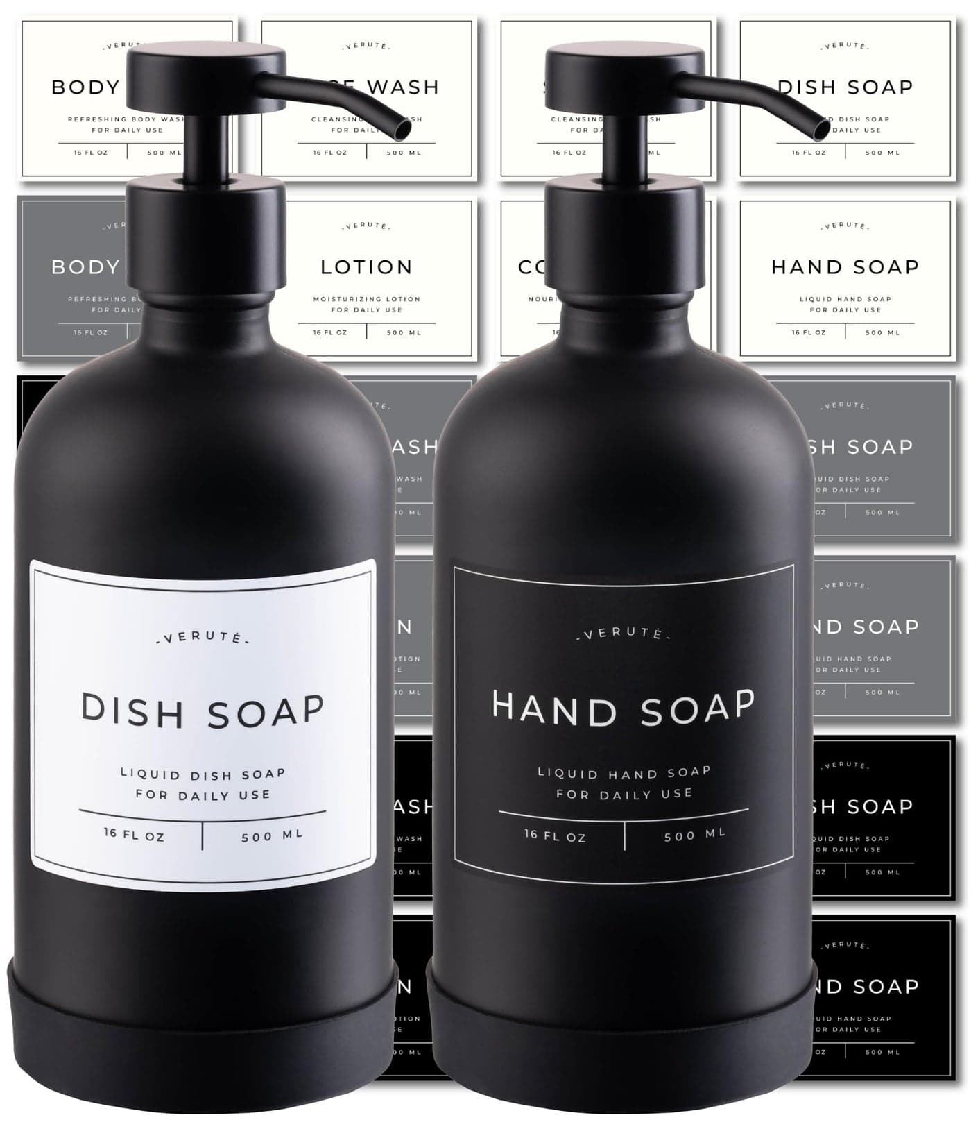 Verute 16oz Glass Soap Dispenser with Stainless Steel Pump 21 Waterproof Labels NonSlip Protective Silicone Pad Set of 2 for Bathroom Kitchen Matte Black BottleBlack Pump