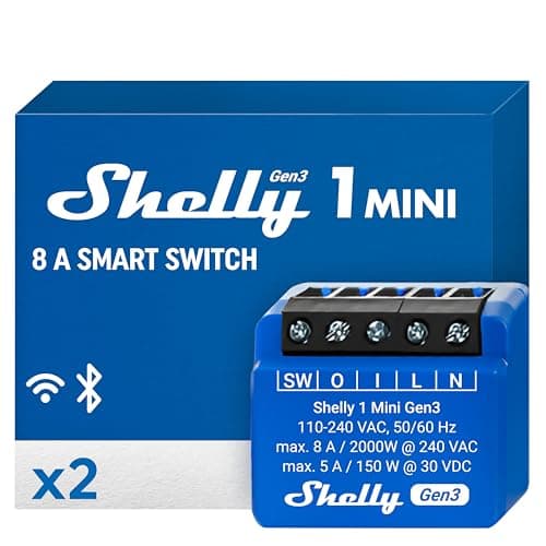 Shelly 1 Mini Gen3 | WiFi Smart Switch Relay 1 Channel 8A | Home Automation | Bluetooth Gateway | Compatible with Alexa & Google Home | iOS Android App | No Hub Required | Dry Contacts (2 Pack)