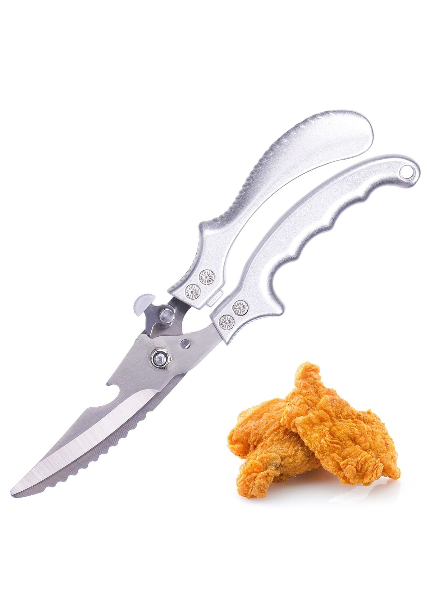 Poultry Shears, Heavy Duty Kitchen Shears with Built-In Spring, Sharp Stainless Steel Safety Lock, Multifunctional Cooking Scissors for Chicken/Turkey/Seafood/Fish, Silver