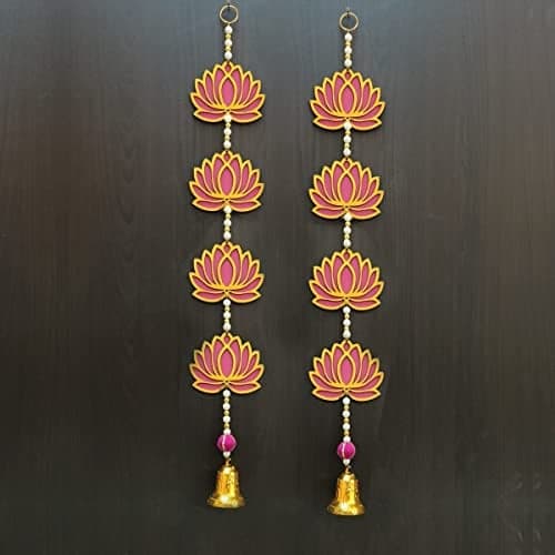 GIFT JAIPUR 4 Tier Set of 2 Pink Lotus Wall Hanging with Bell Gift Decorative Showpiece for Diwali Ganesh Chaturthi Pooja Home Door Decor Temple Marriage Wedding Stage Decoration