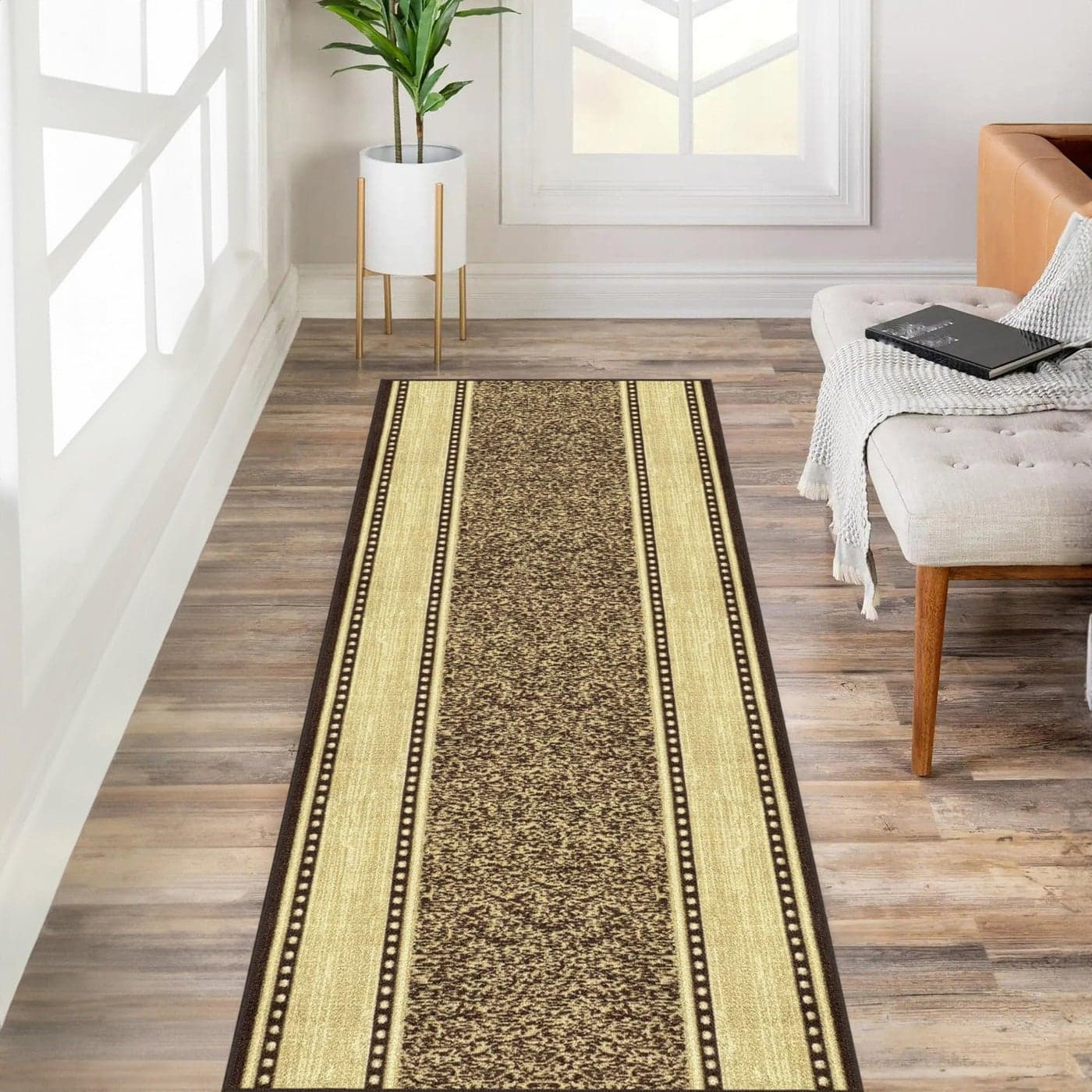 Kapaqua Custom Size Grey Ivory Bordered Rubber Backed NonSlip Hallway Stair Runner Rug Carpet 22 inch Wide Choose Your Length 22in X 16ft
