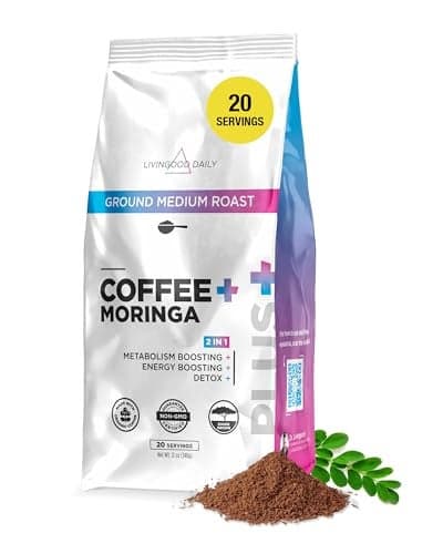 Livingood Daily Coffee with Moringa Ground Medium Roast Coffee with Plant Based Ingredients for Morning Energy Made with Moringa Powder Organic Non GMO Vegan Gluten Free 20 Servings 12 oz Bag