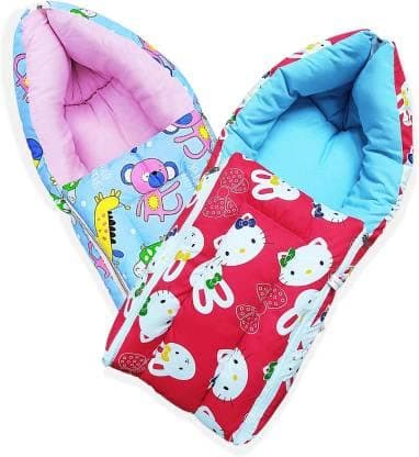 MOM & SON 2 In 1 Baby'S Cotton Sleeping And Carry Bag (0-6 Months, Blue & Red Kitty), Lightweight