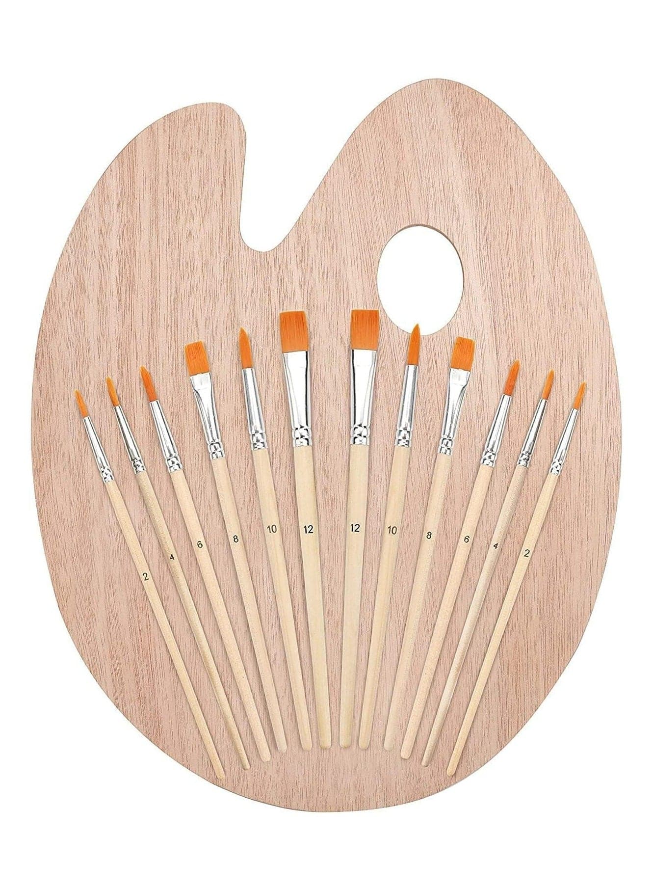 Paint Brush Set with Wooden Palette (12 Brushes) & Hand Held Oval Artists Painters Palette