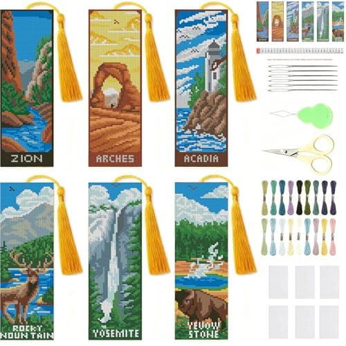 NEGEKFKX 6 Pcs National Park Cross Stitch Bookmark Kit for Adult BeginnersCross Stitch Kits 14 CT DIY Crossstitch Kits Adult Stamped Bookmark Embroidery Bookmarks Kit