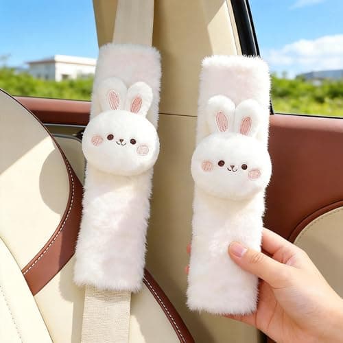Zigihos 2 PCS Seat Belt Cover Pad, Cute Kawaii Animal Bunny Seatbelt Covers for Kids and Adults, Winter Plush Fluffy Soft Seat Belt Cover, Cartoon Seatbelt Cushion,Car Seat Strap Pads (F-Bunny)