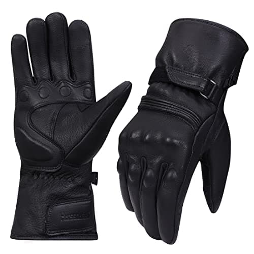 Harssidanzar Motorcycle Gloves Winter,Mens Genuine Leather Full Finger Touchscreen Thermal Lined with Thinsulate Waterproof Motorcycles Motorbike Riding Gloves KM048,Black,Size M