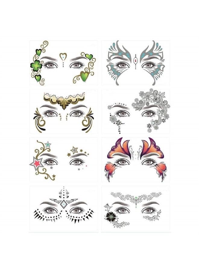 8 Pack Face Temporary Tattoo Waterproof Makeup Tattoo Stickers on Face Eye Forehead Body for Halloween Christmas Stage Masquerade Party