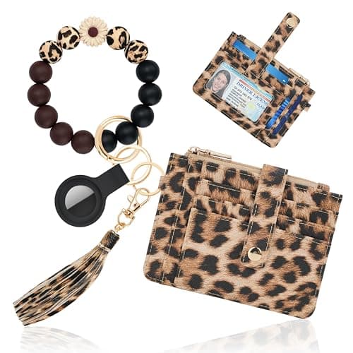 Sunpour Wristlet Wallets for Women Cute Keychain Wallet with AirTag Holder RFID Small Credit Card Holder Boho Beaded Wallet Keychain Wristlet(Leopard)