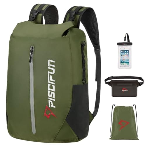 Piscifun Dry Bag Waterproof, Floating Dry Backpack, Lightweight Waterproof Dry Bag with Waist Pouch and Phone Case for Kayaking, Camping, Beach, Boating & Swimming for Men & Women Army Green 30L
