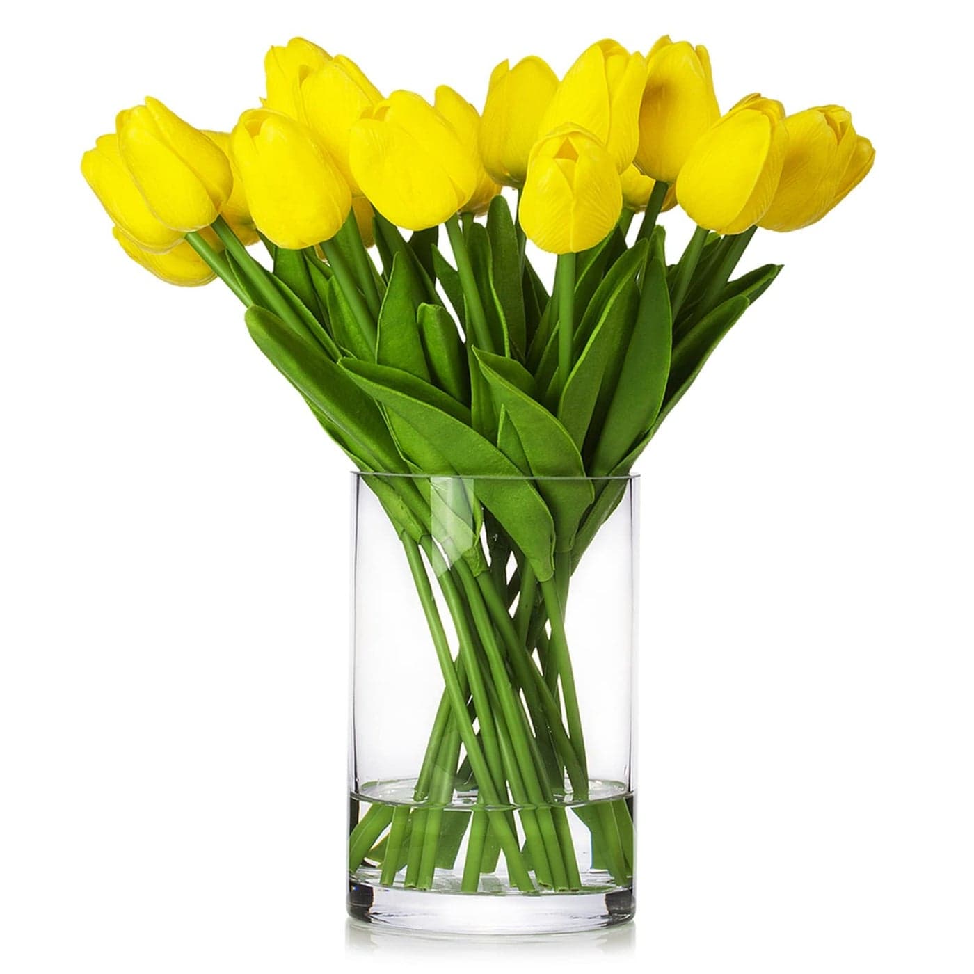 ENOVA FLORAL 20 Pieces Yellow Real Touch Tulips Artificial Flowers in Vase Fake Tulips Arrangements with Vase and Faux Water for Home Wedding Decoration Dining Table Yellow