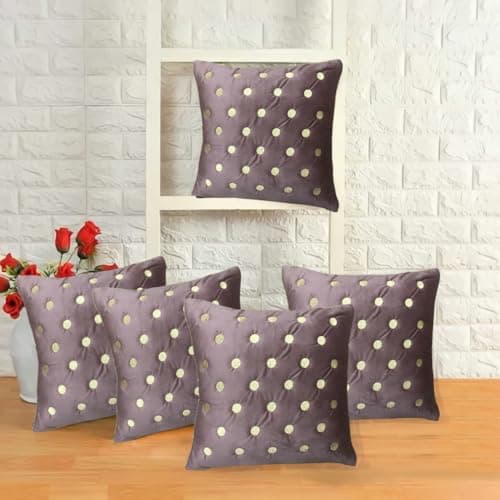 IM FAB Polka Emboridery Velvet Fabric Decorative Throw Cushion Cover 16X16 Set of 5 (Pink)