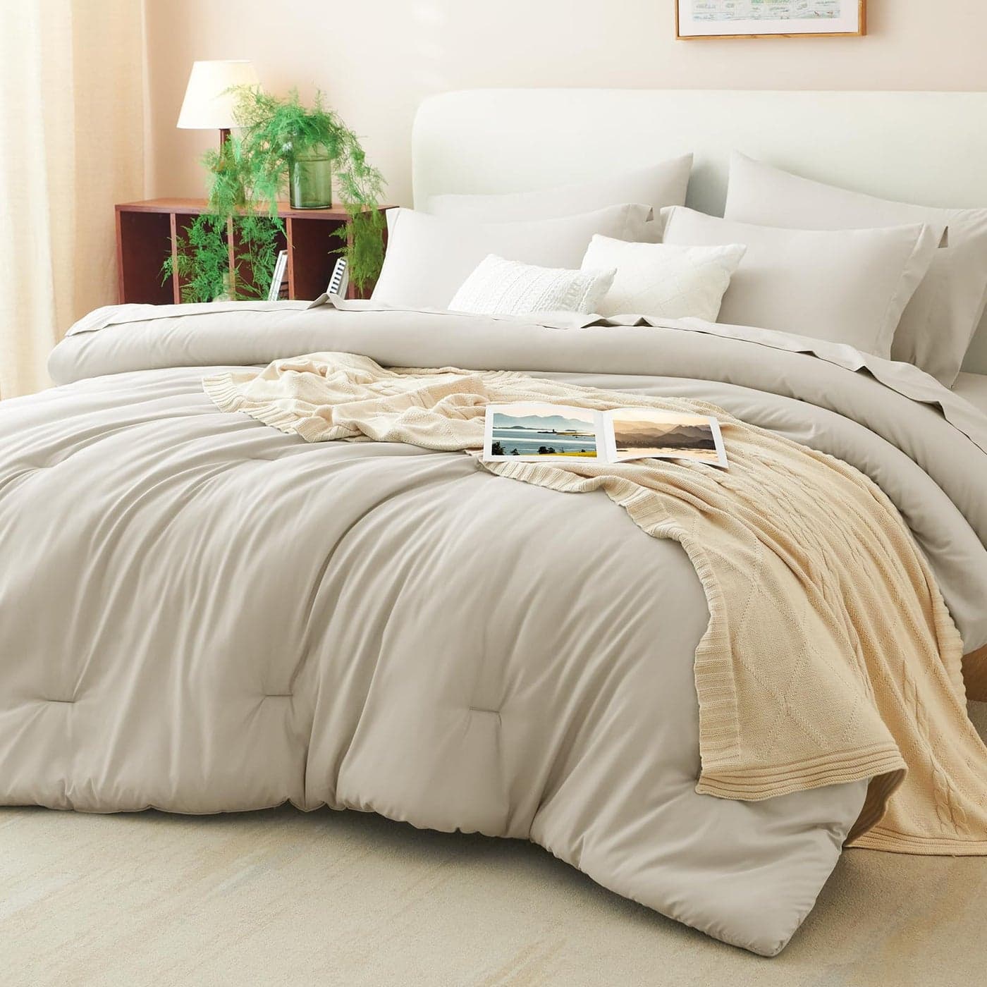 CozyLux Queen Comforter Set Beige 7 Pieces Bed in a Bag Soft Bedding Comforter Set with Sheets All Season Boho 7PC Bed Sets with Comforter Fitted Sheets Flat Sheets Pillow Shams and Pillowcases