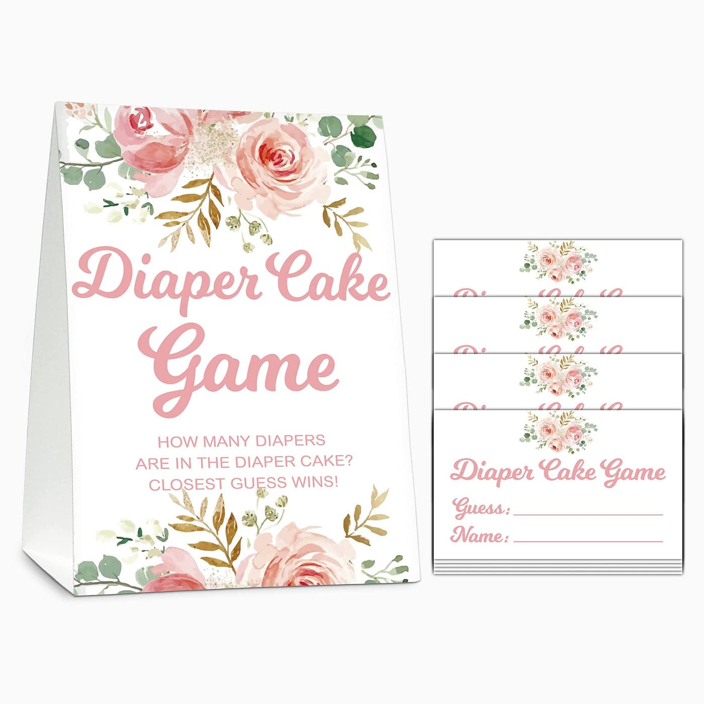 Baby Shower Game Set Diaper Cake Games1 Standing Sign 50 Finding Cards Floral Find How Many Diapers Party Game Blush Pink Gender Reveal Party Favor DecorA02