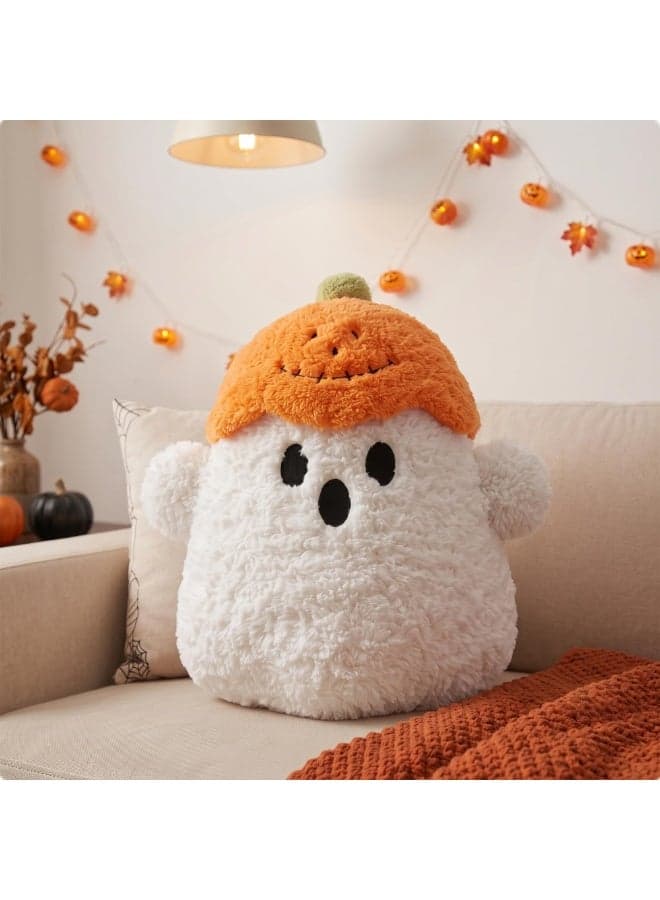 Pumpkin Hat Ghost Halloween Decor Throw Pillows (Small) | Cute White Sherpa Ghost Plush Throw Pillow, Soft Deco Cushion for Couch, Sofa, Bed, Dorm, Kids Room, Festive Decor