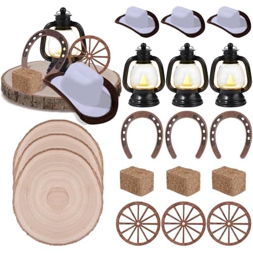 18PCS Western Party Decorations Mini Lantern with LED Candle Cowboy Hat Hay Bales Wagon Wheel Crafts Wooden Plate Horseshoe Table Centerpieces Supplies for Western Birthday Wedding Party Favors Decor