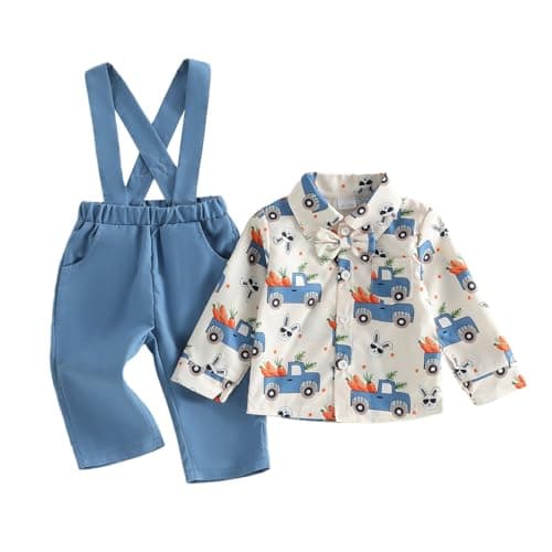 Rourufy Toddler Boy Easter Outfit Truck Bunny Carrot Gentleman Shirt Overalls Pants Set Baby Boys Spring Summer Clothes (C Truck Bunny Carrot Blue, 2-3T)