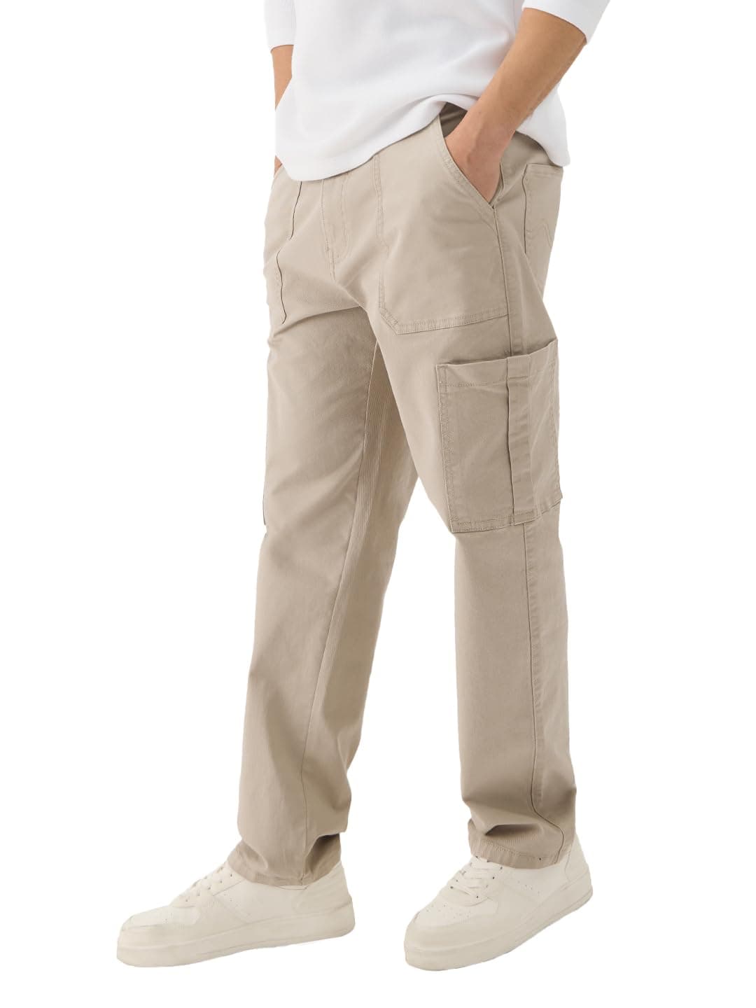 The Souled Store Solids: Light Beige Men and Boys Cotton Blend Straight Fit Cargo Jeans Jeans for Men Regular Fit Mens Trousers Casual Style Full-Length Travel-Friendly High-Stretch Comfortable