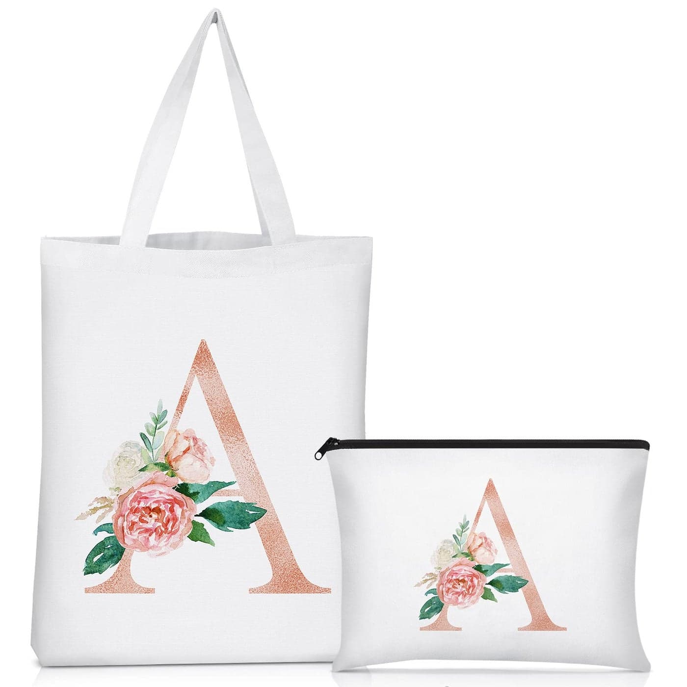 Sanwuta 2 Pcs Initial Canvas Tote Bags Wedding Gift Floral Letter Travel Cosmetic Bags Monogrammed for Woman WeddingLetter A