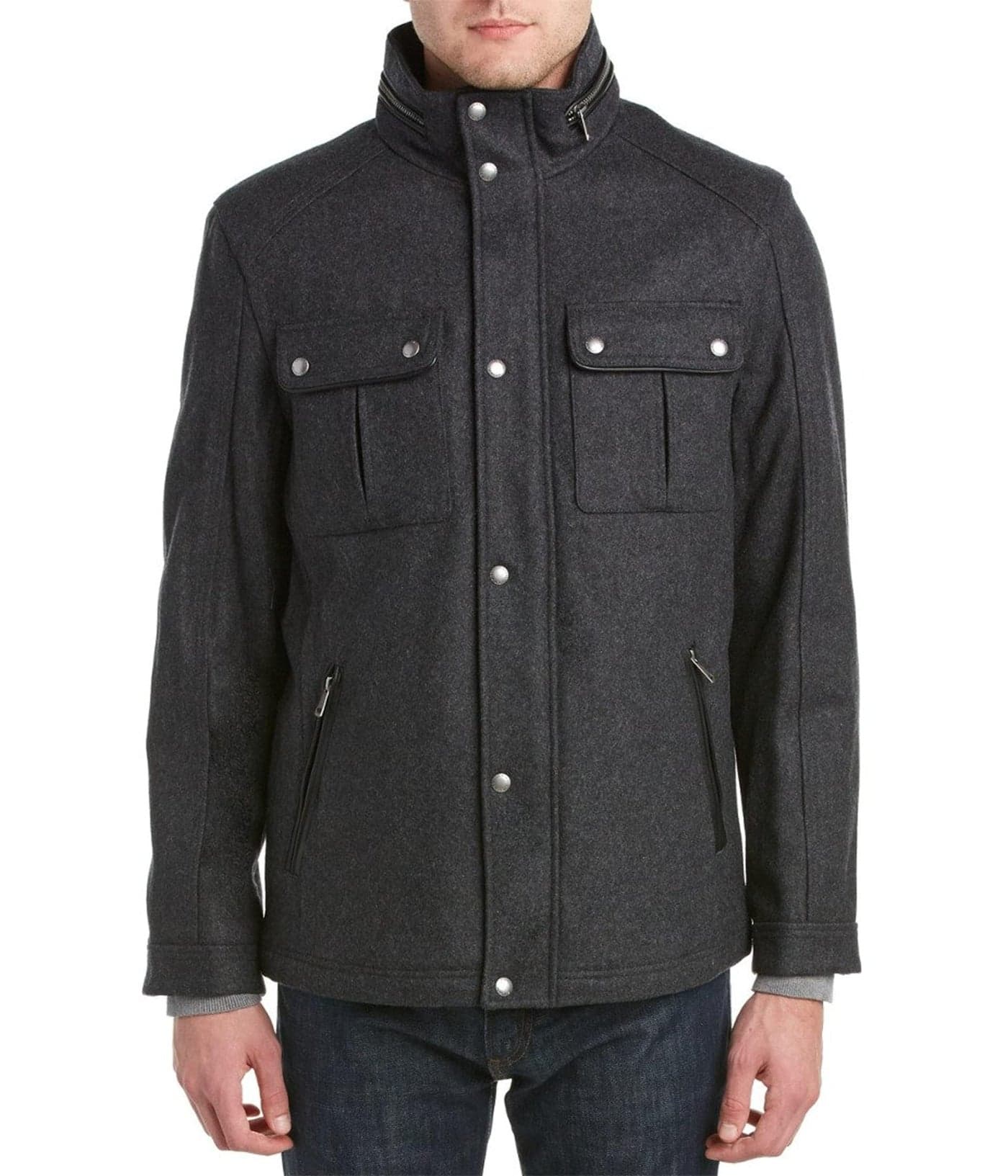 Cole Haan Signature Mens Wool Melton Stand Collar Jacket with Patch Pockets Charcoal Large