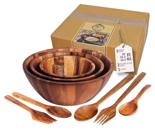 BestySuperStore Nesting Round Wood Bowls Mix Size 9 8 7 Stackable Acacia Wooden Bowl Set with Spoons and Forks for salad dip sauce snack rice pasta soup fruit cereal Tableware Nested Dish Sets