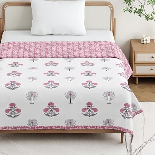 DE CAMA Cotton Single Bed Dohar | Hand Block Printed Summer AC Blanket (60 x 90 Inch)| Mulmul Fabric 150 GSM | Soft & Lightweight Comforter for All Seasons | Reversible Design - Pink Palm Tree