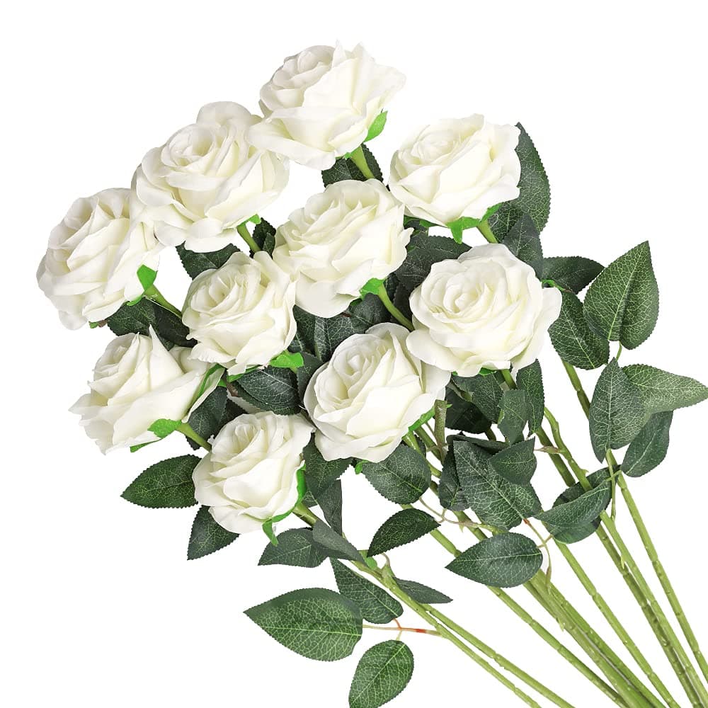Veryhome Artificial Flowers Silk Roses Fake Bridal Wedding Bouquet for Home Garden Party Floral Decor 10 Pcs White Curved stem