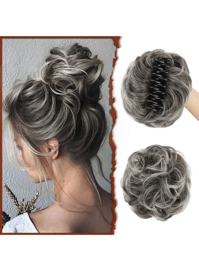 Claw Clip Messy Bun Wavy Curly Hair Piece Chignon Ponytail Hairpieces Synthetic Tousled Updo Hair Extensions Scrunchie Hairpiece for Women, Gray and White Tips
