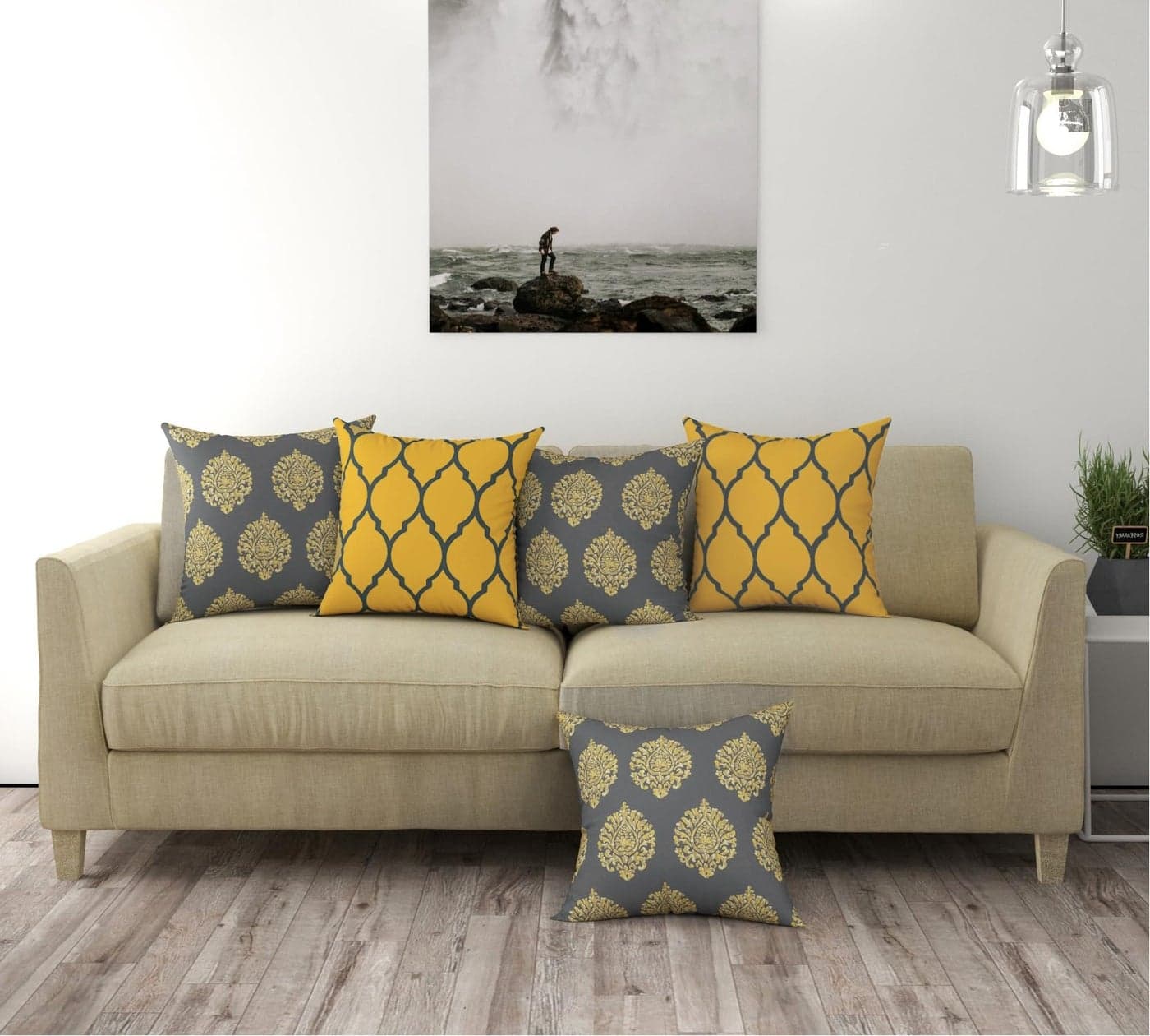 Trance Home Linen Set of 5 Premium 100% Cotton 24x24 inch Cushion Covers Only for Sofa and Diwan | Small Cushion Pillow Covers Only | 60cmx60cm, Damask & Dori Mustard Yellow Set of 5-180 TC