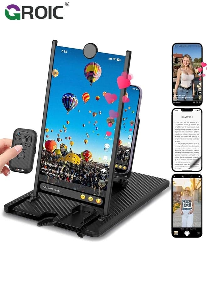 12" Vertical Phone Screen Magnifier with Bluetooth Remote, 3D HD Mobile Phone Magnifier Projector Screen Enlarger for Movies, Videos, and Gaming, Phone Stand with Screen Amplifier