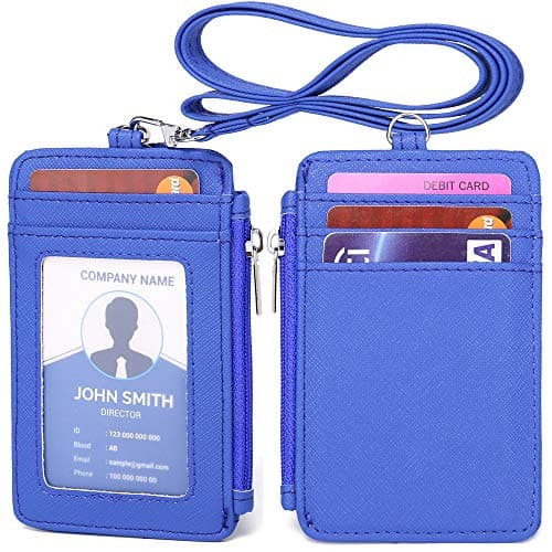 Leamekor ID Badge Holder with Neck Lanyard PU Leather ID Badge Wallet Case with 1 ID Window, 4 Card Slots, 1 Side Zipper Pocket