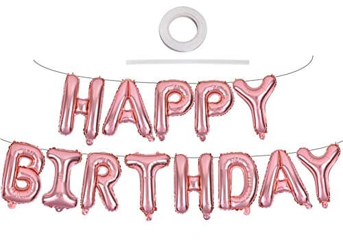 TONIFUL Rose Gold Happy Birthday Balloons Banner 16 Inch Mylar Foil Letters Birthday Sign Banner Ballon Bunting Reusable for Girls Boys Kids Adults Birthday Decorations and Party Supplies