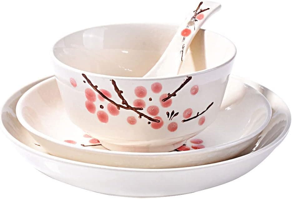 4Piece Dinnerware Set Plates Dish Bowl Spoon Japanese Handpainted Tableware set Red