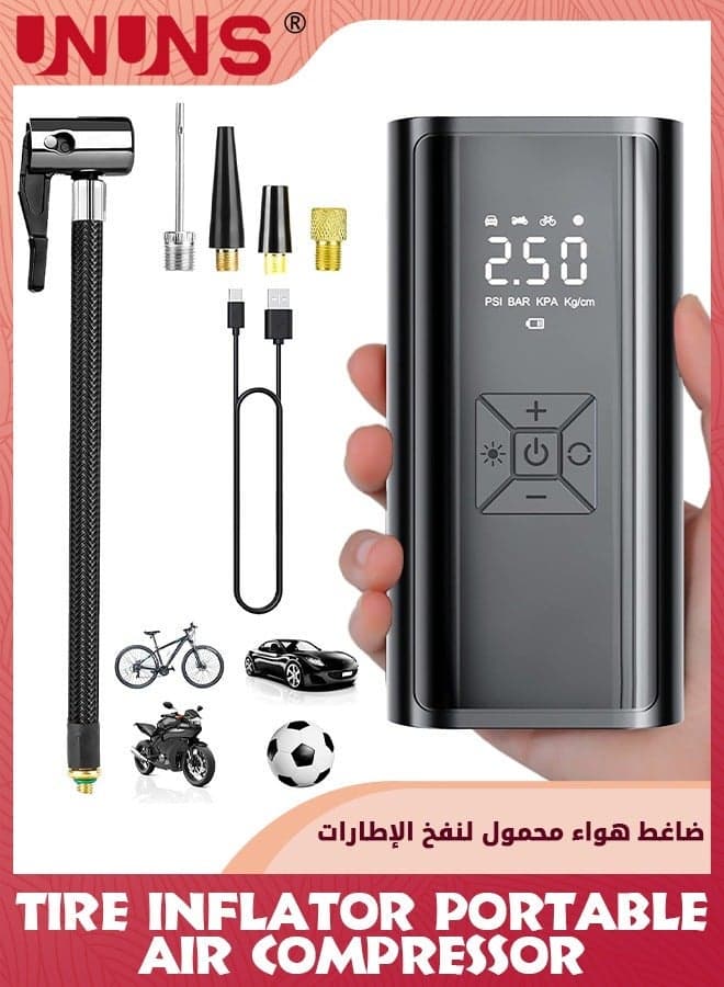 Tire Inflator Portable Air Compressor,5V Cordless 150PSI,12V DC Cord,Tire With Pressure Gauge/LCD Screen,Quick Inflation For Car Motorcycle Bike Balls,Rechargeable Pump