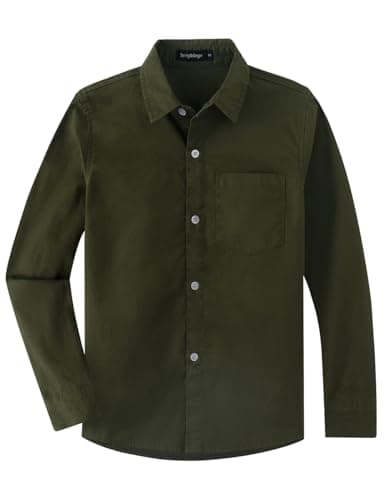 Spring&Gege Boys' Long Sleeve Woven Dress Shirt Formal School Uniform Button Down Shirt with Chest Pocket, Olive, 13-14 Years