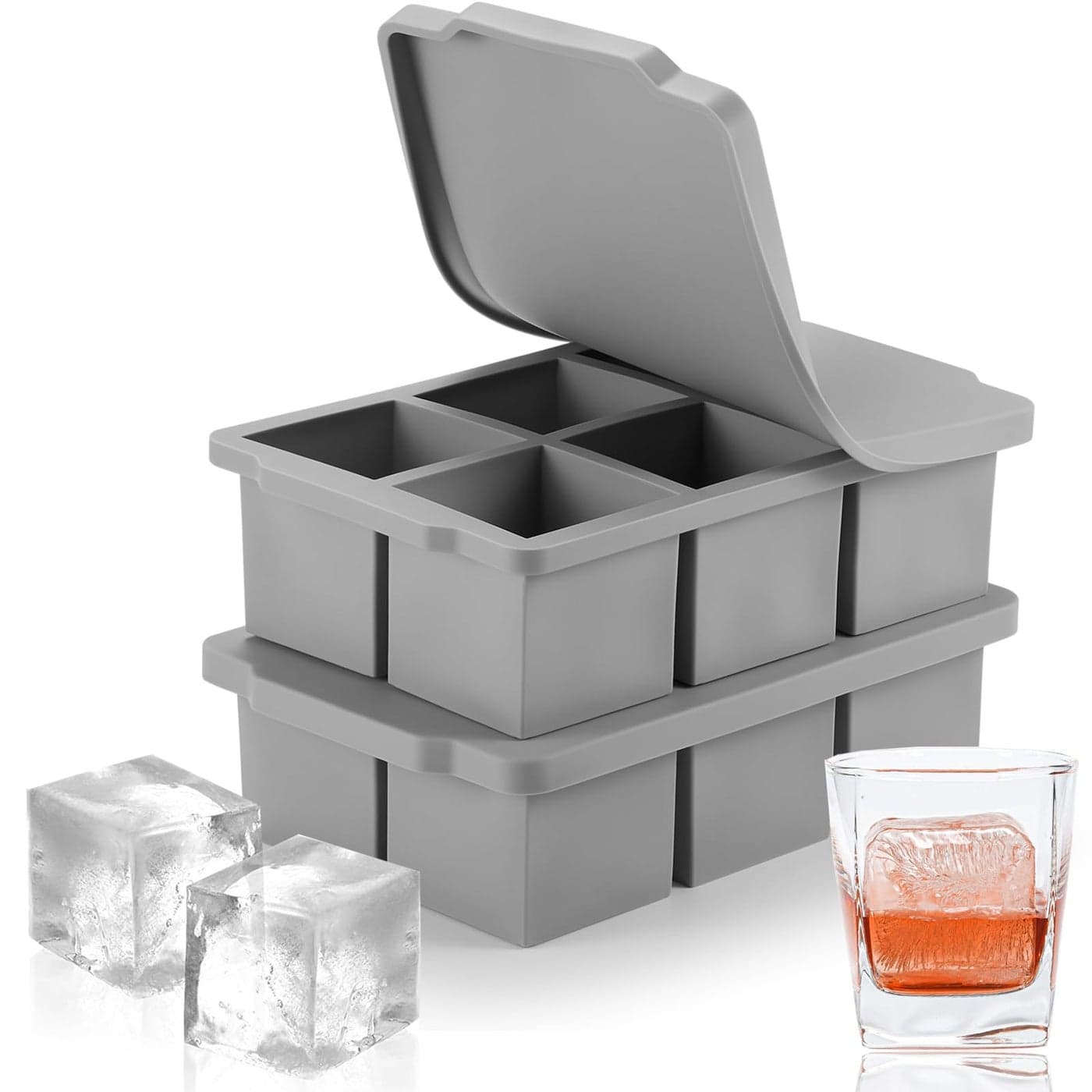 Nax Caki Large Ice Cube Tray with Lid Pack of 2 Stackable Big Silicone Square Ice Cube Mold for Whiskey Cocktails Bourbon Soups Frozen Treats BPA Free