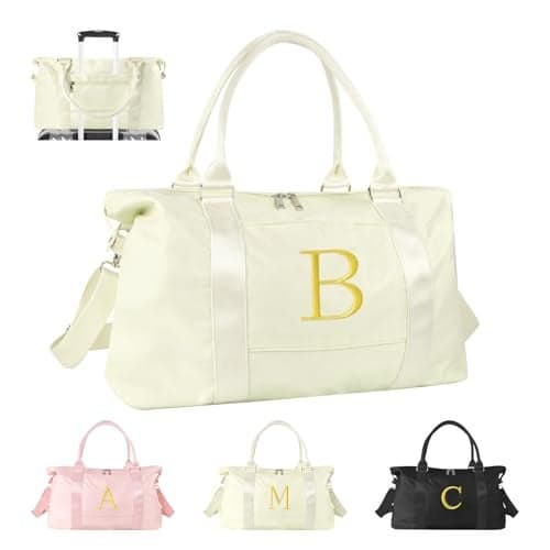 Personalized Initial Gym Dance Bag Travel Duffel Bag for Teen Girls Carry On Bag Overnight Weekender Bag with Trolley Sleeve Birthday Gifts for Women Mom Daughter Graduation GiftLetter B Beige