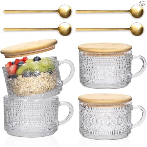 Vintage Coffee Mugs 4pcs Set, 14 Oz Glass Coffee Cups Gifts for Women, Overnight Oats containers with Bamboo Lids and Spoons,Clear Embossed Glass Cups,Cute Coffee Bar Accessories, Iced Coffee Glasses