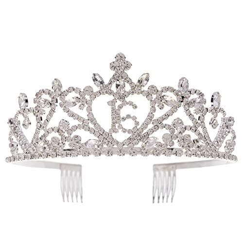 Ella Celebration 16th Birthday Tiara Sweet 16 Crown for Teens, Ladies, Princess Birthday Party Headband Hair Accessories Supplies, Crown Silver (Silver Heart)