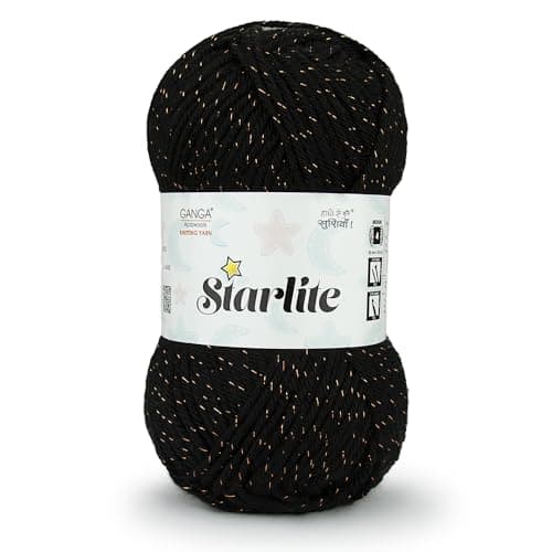Ganga Acrowools Acrylic Starlite, 99% Anti Pill Yarn 1% Metal, Hand Knitting Yarn Oekotex Class1 Certified (Stl011 - Jet Black), 100 Gram