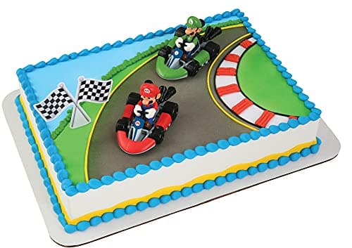 DecoSet Mario Kart Cake Topper 3 Piece Cake Decoration with Race Kart Toppers Checkered Flag Decoration Collectible Character Karts for Hours of Fun After the Party