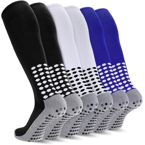 Regilt 3 Pairs Kids Youth Grip Soccer Socks Non Slip Knee High Soccer Football Sport Socks for Boys Girls Age 817 US Alpha Large Regular Regular BlackWhiteBlue