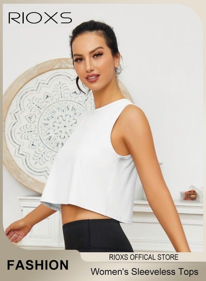 Women's Yoga Vest, Ice Silk Cool Breathable Quick-drying Sports Vest, Loose and Unrestricted Crew Neck Short Sweatshirt, Sleeveless Solid Color Yoga Running Top for Gym, Exercising, Running, Daily Underwear, White